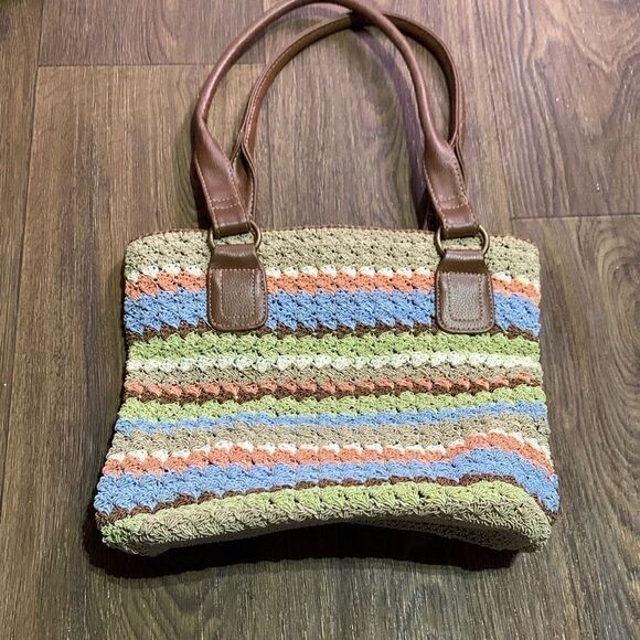 Vintage crochet knit shoulder purse. Earthy colors stripe design hobo retro - Picture 3 of 9